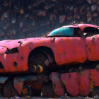 Rusted orange car on scrap pile with hidden robot in junkyard.