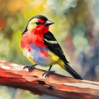 Colorful Bird Perched on Branch in Watercolor Style