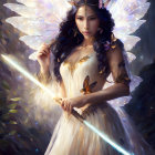 Mystical winged woman with glowing wand in dark forest surrounded by butterflies.