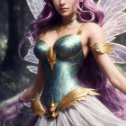 Fantasy portrait of a female fairy with purple hair and translucent wings in a mystical forest