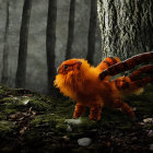 Fuzzy winged creature with large eyes in misty forest landscape