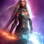 Fantasy warrior woman with glowing blue sword in purple nebula