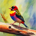 Vibrant bird painting on branch with blurred background