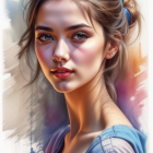 Vibrant digital painting of young woman in blue garment with wavy hair.