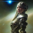 Detailed futuristic spacesuit with transparent wings on woman against cosmic backdrop