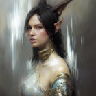 Fantasy female elf portrait with pointed ears, dark hair, and ornate metallic armor