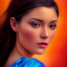 Woman with Striking Makeup in Blue Top on Orange Background