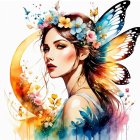 Woman with Butterfly Wings and Floral Hair in Watercolor Style