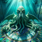 Detailed digital artwork: Giant octopus in ornate underwater scene