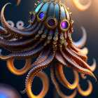 Ornate jeweled octopus creature on dark bokeh background