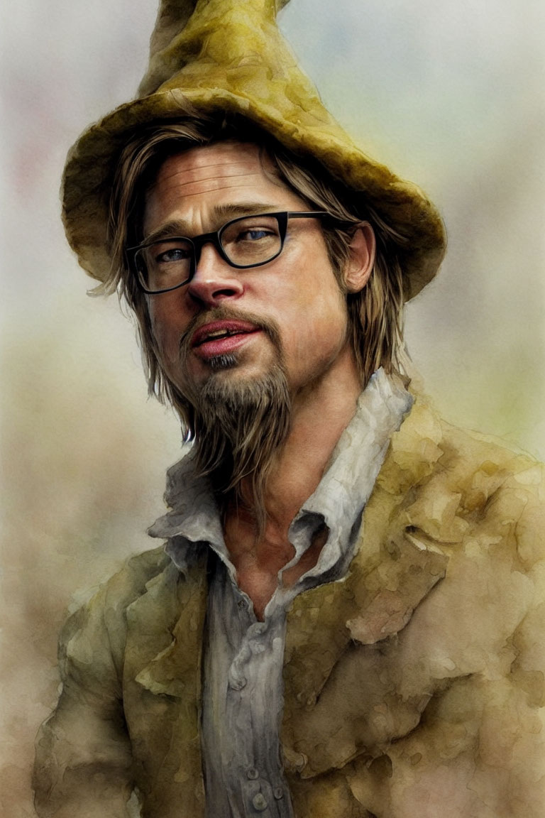 Bearded man in glasses, hat, and coat against watercolor background