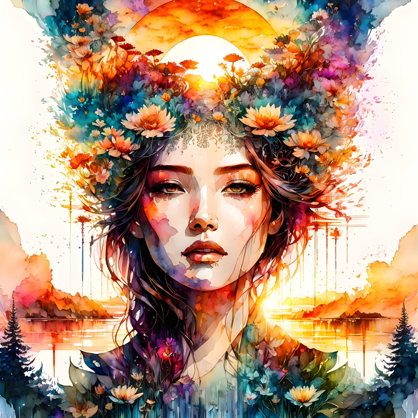 Colorful Watercolor Illustration: Woman with Floral Headdress in Sunset Forest