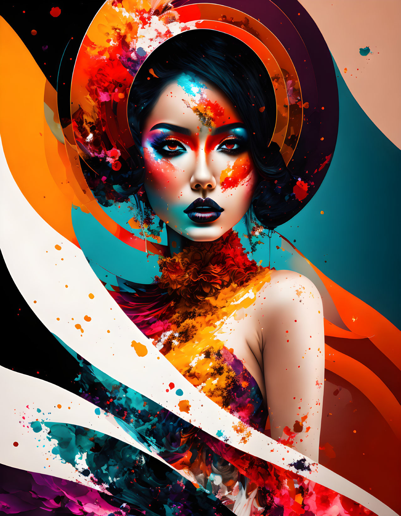 Colorful digital portrait of a woman with vibrant makeup and swirling orange, red, and teal patterns.