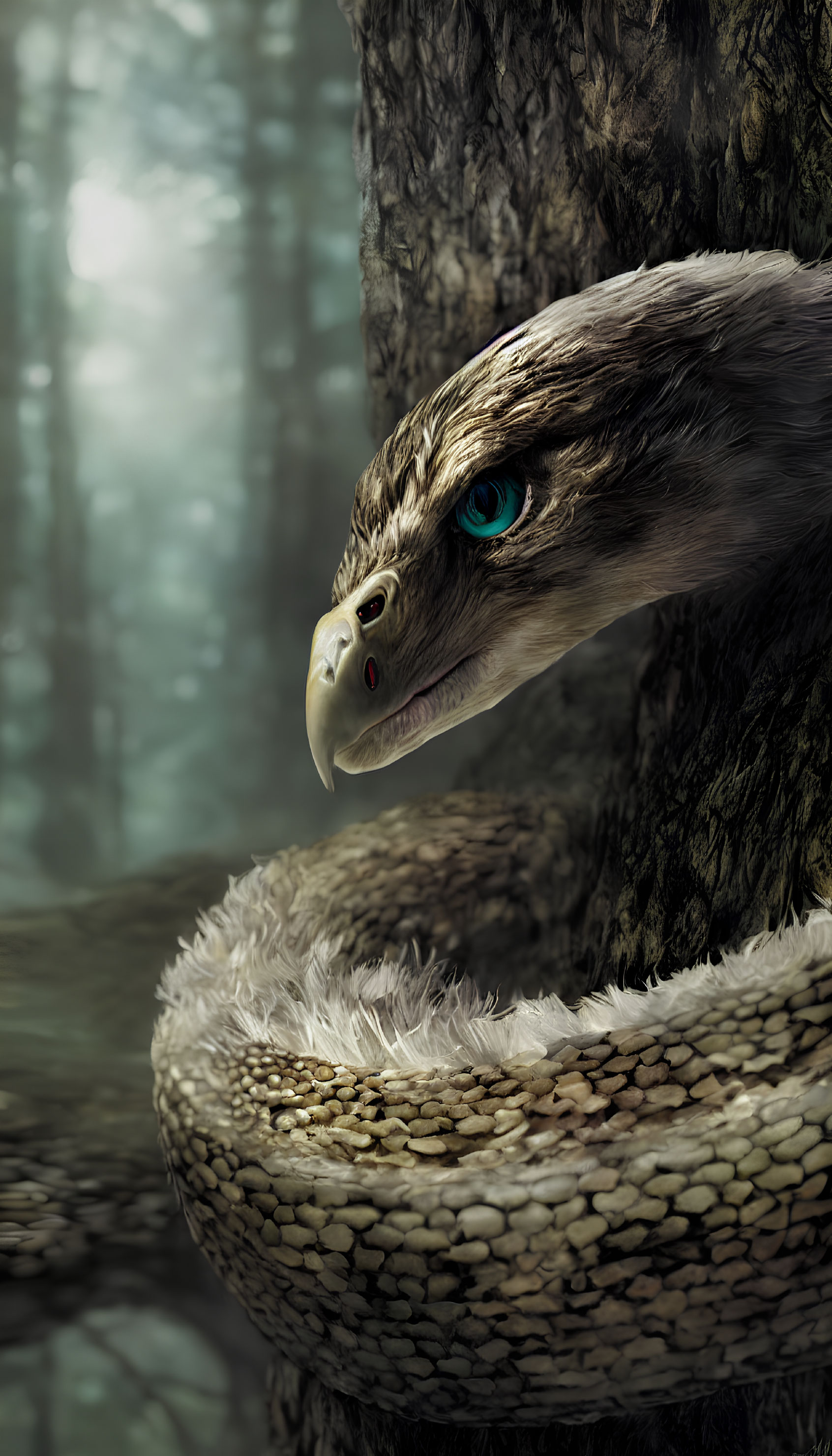 Surreal image: Eagle head, snake body in misty forest