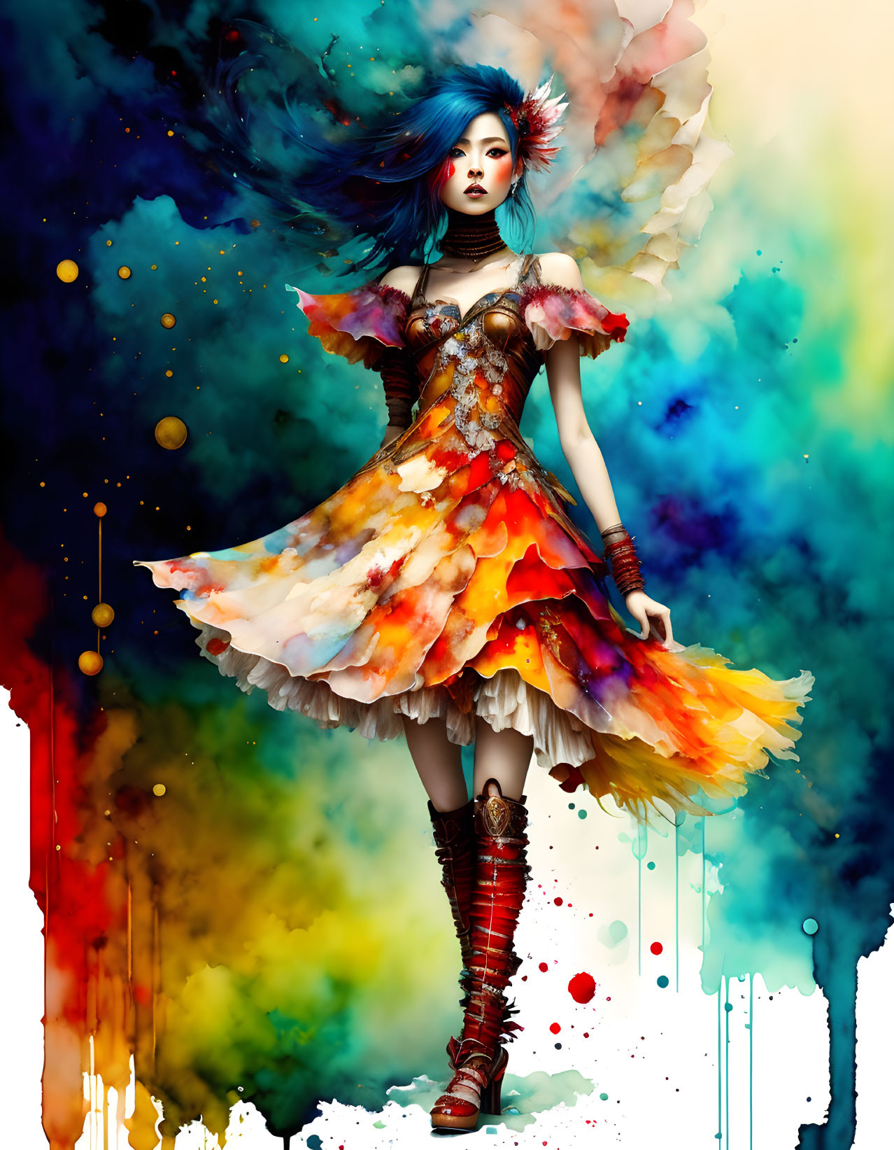 Colorful digital artwork: Woman with blue hair in vibrant, abstract setting