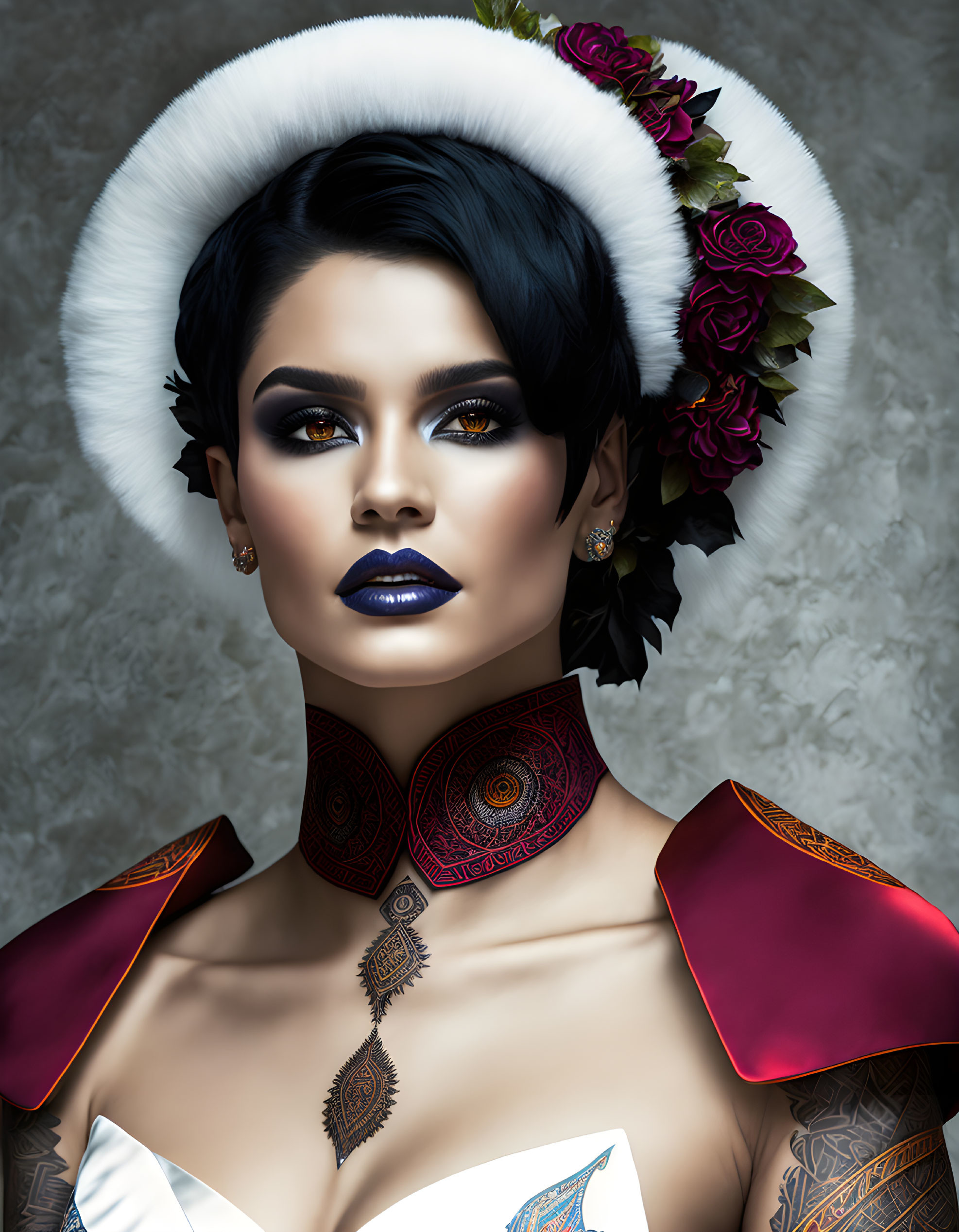 Stylized portrait of woman with dark hair, blue lipstick, white fur collar, red accents,