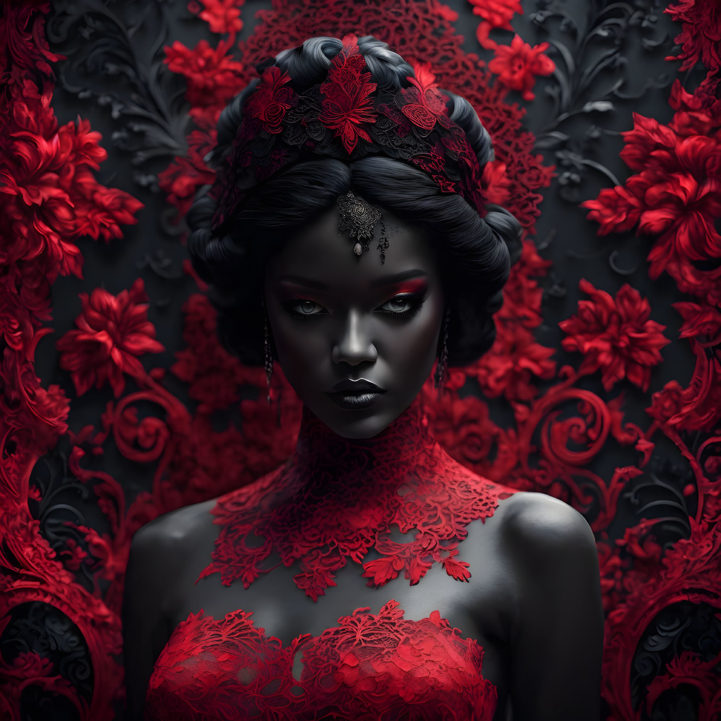 Dark-skinned woman in red lace with floral motifs on red and black background