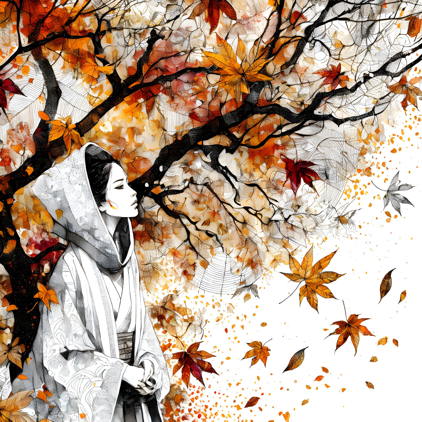 Illustration of person in white cloak with autumn leaves and tree branches.