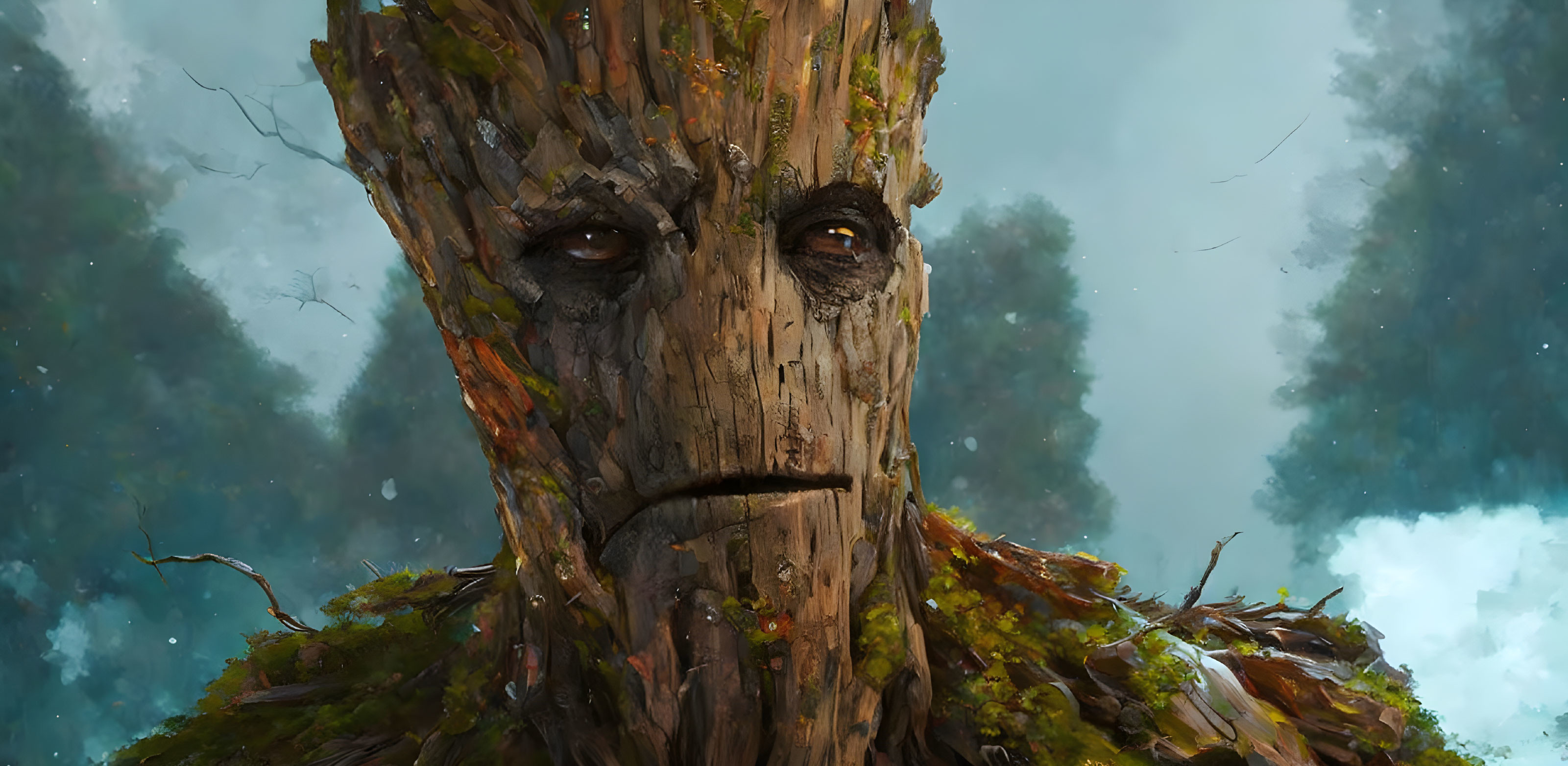 Detailed humanoid tree character with moss and bark textures in misty forest.