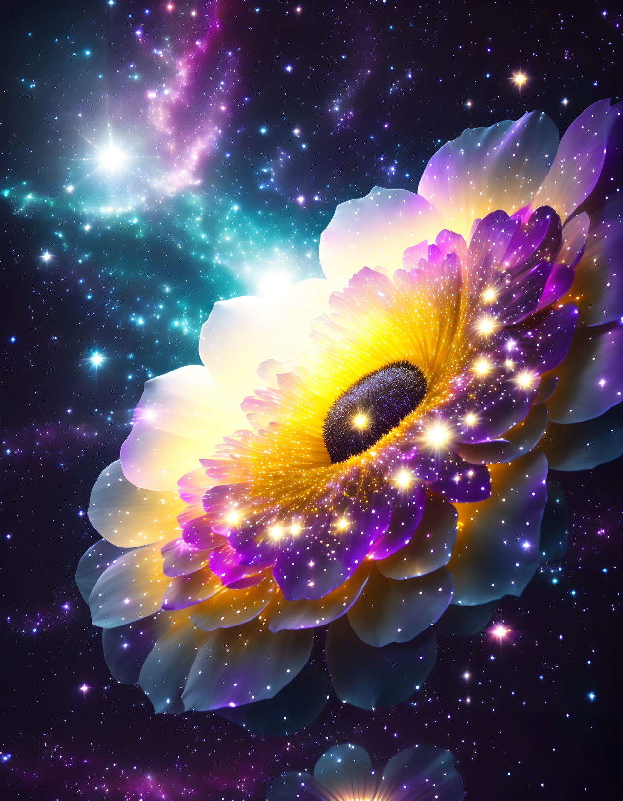 Cosmic digital artwork with glowing flower on starry background