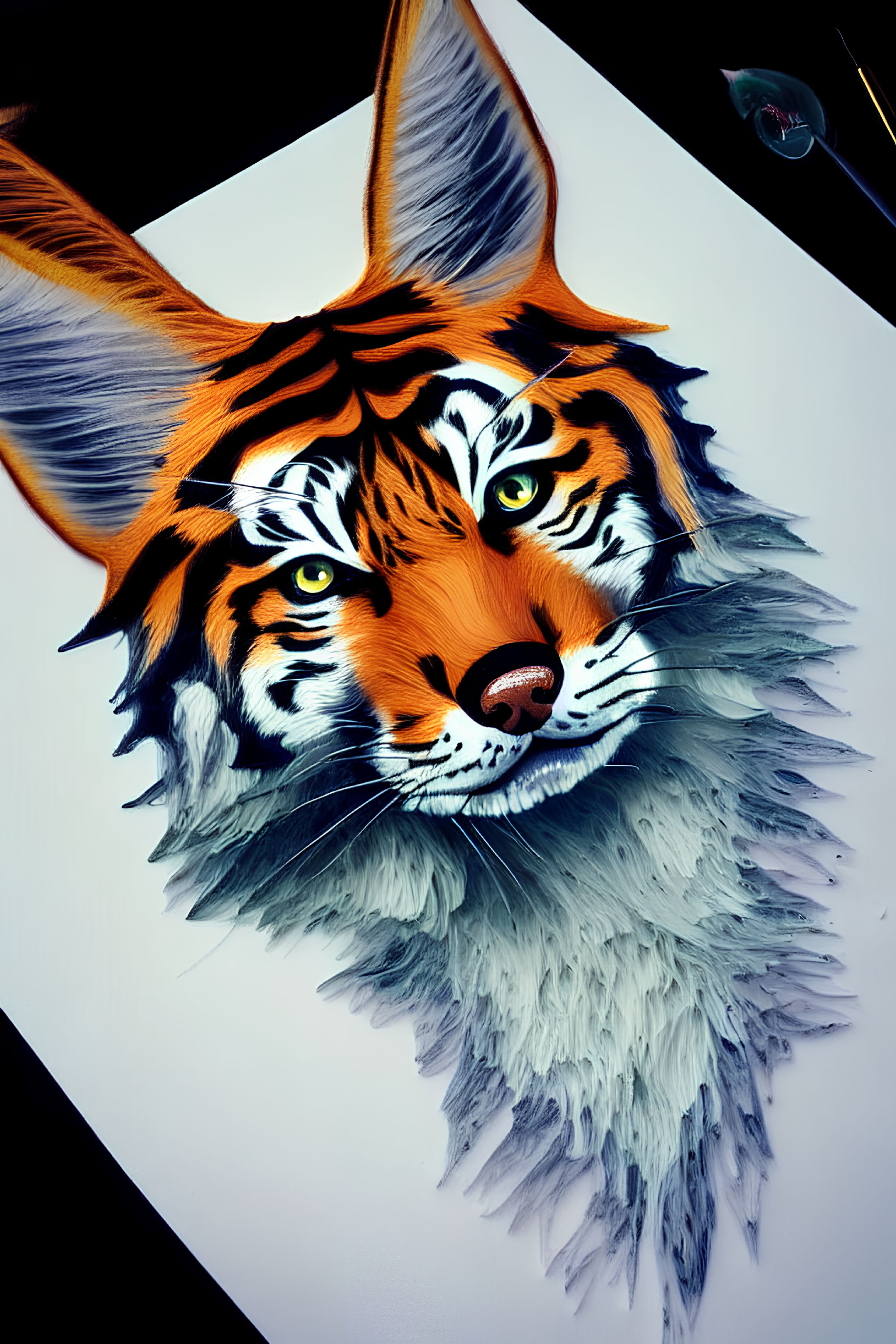 Colorful digital artwork: Tiger face with lion's mane on paper with drawing pen