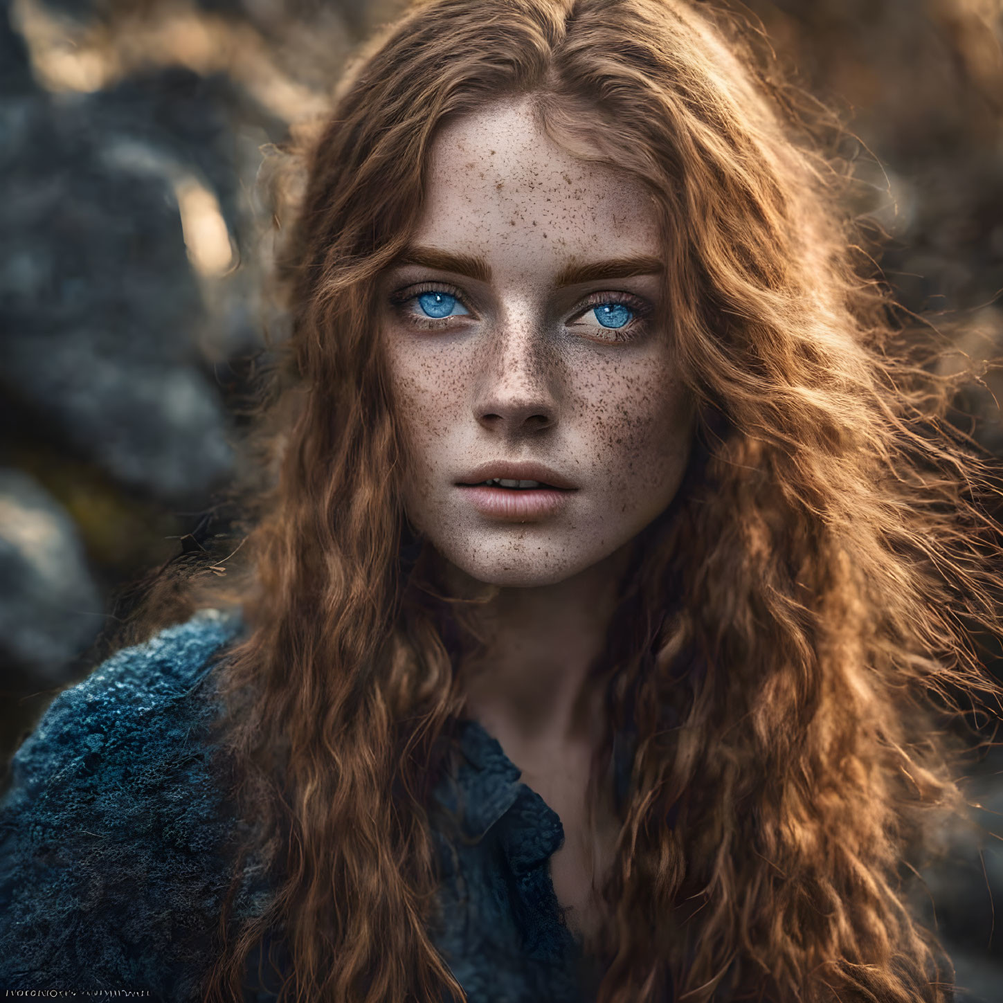 Portrait of woman with blue eyes, red hair, freckles, blue attire, nature backdrop