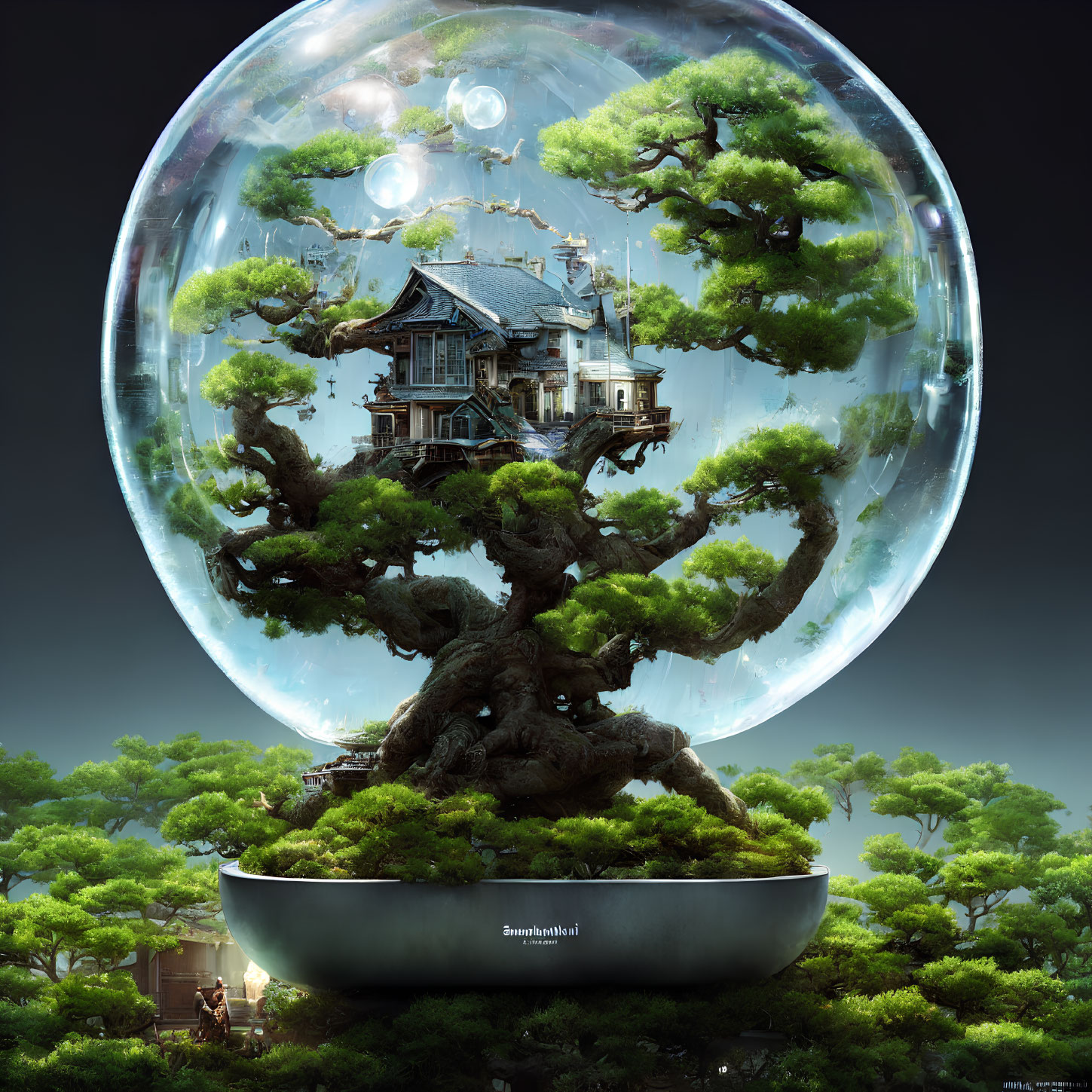 Fantastical tree with house in globe, figure observing