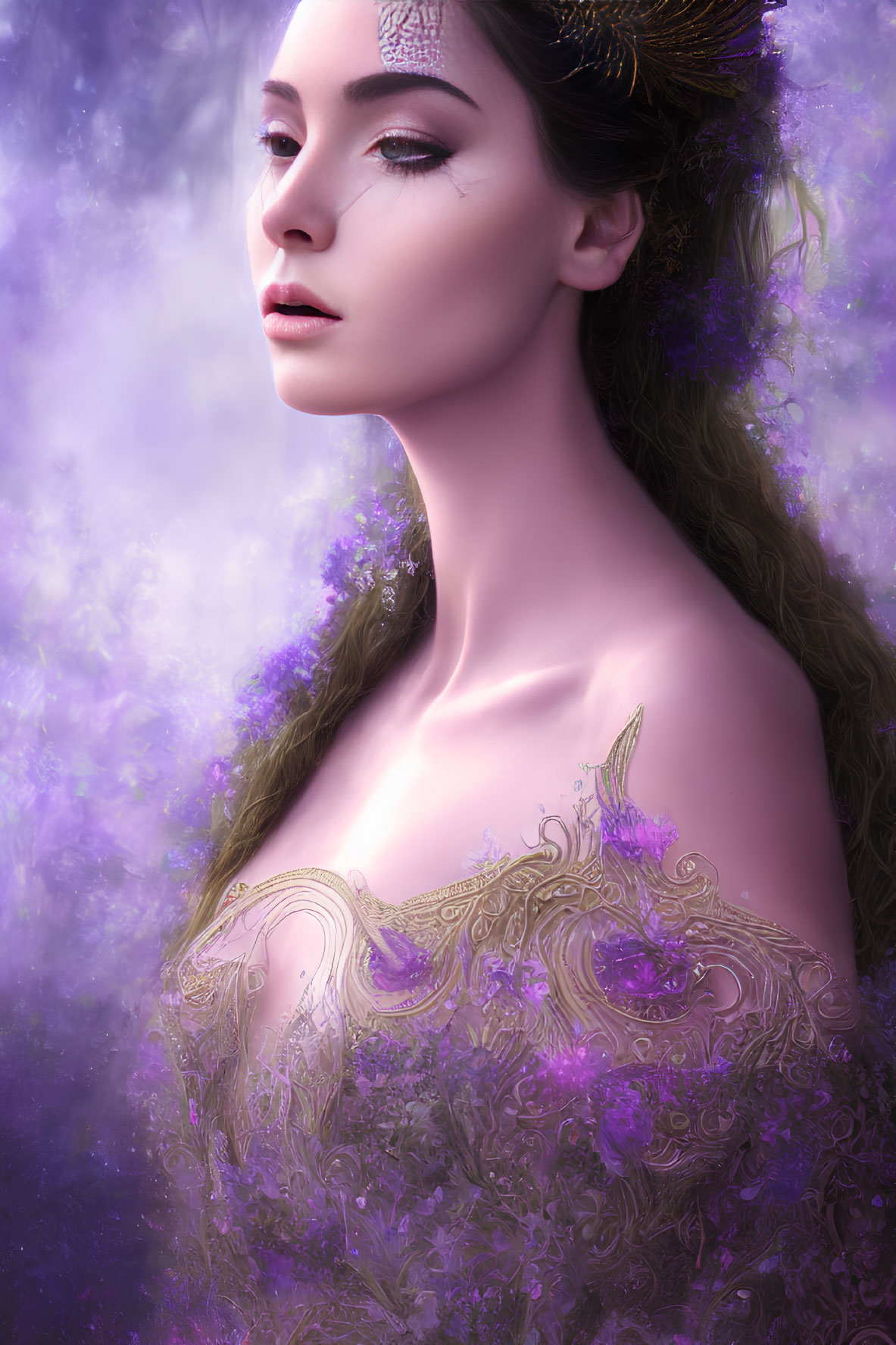 Mystical woman in purple crown and gown amidst ethereal haze