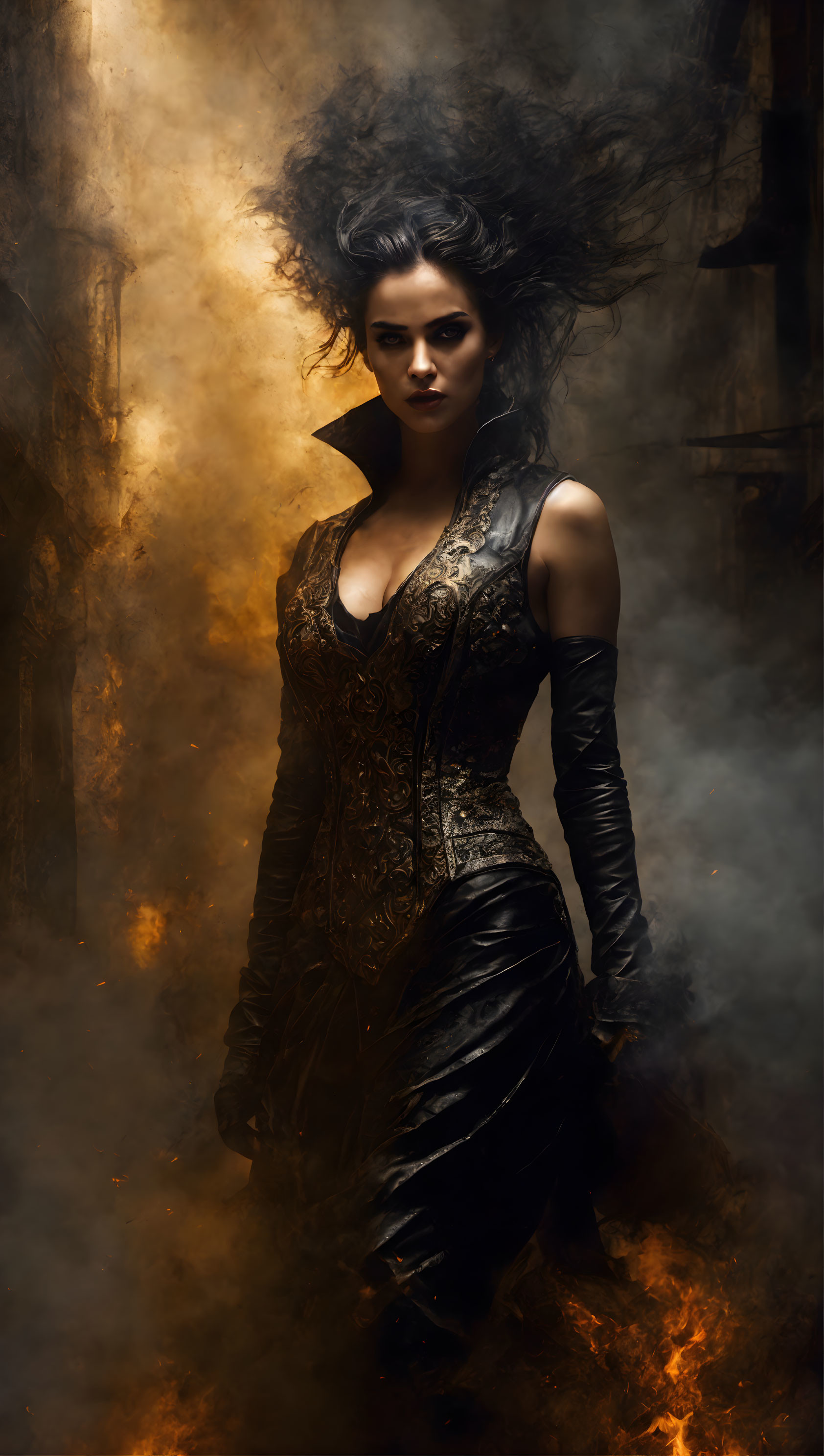 Dark-haired woman in detailed corset and leather attire amid rising smoke