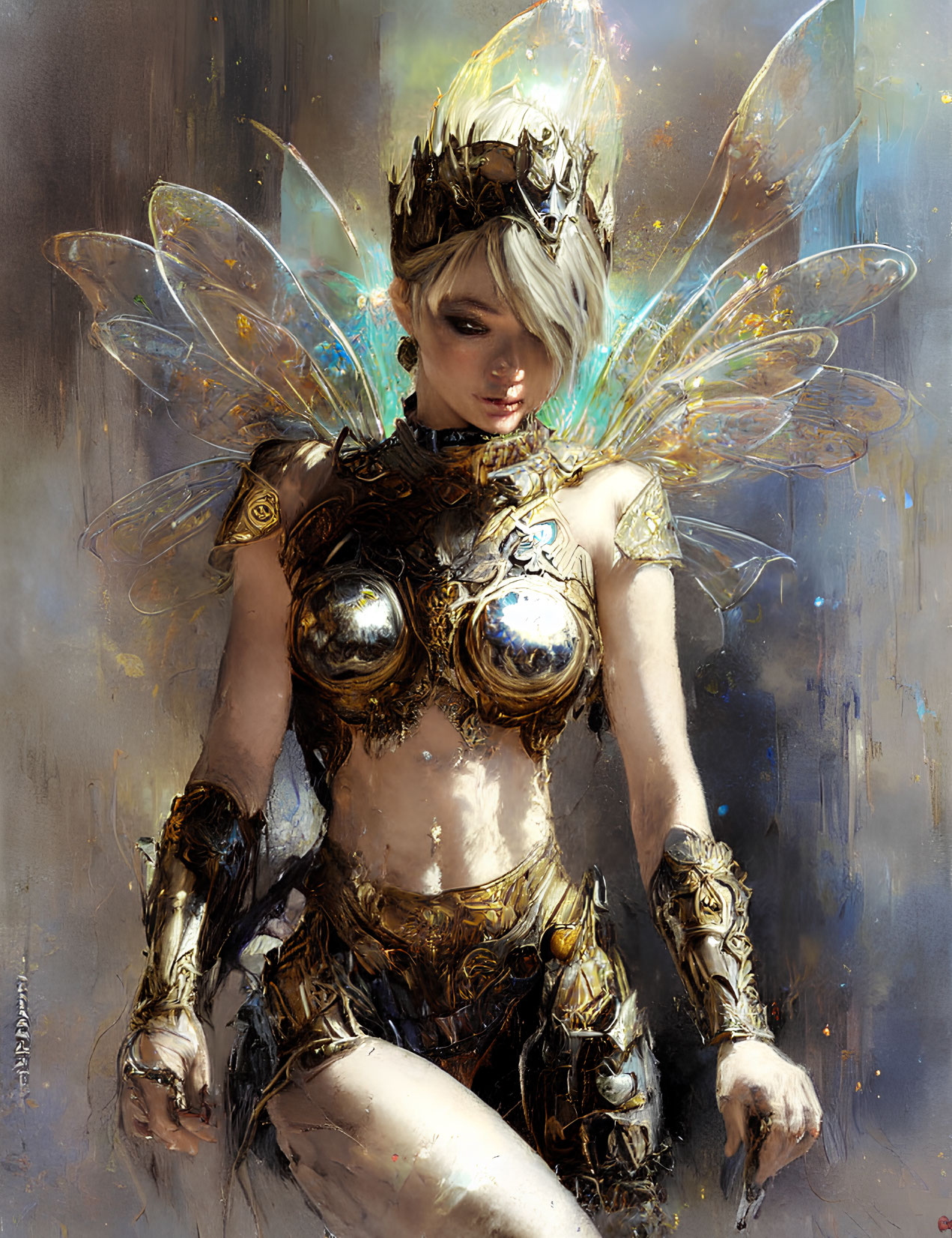 Ethereal figure with luminescent wings and golden armor