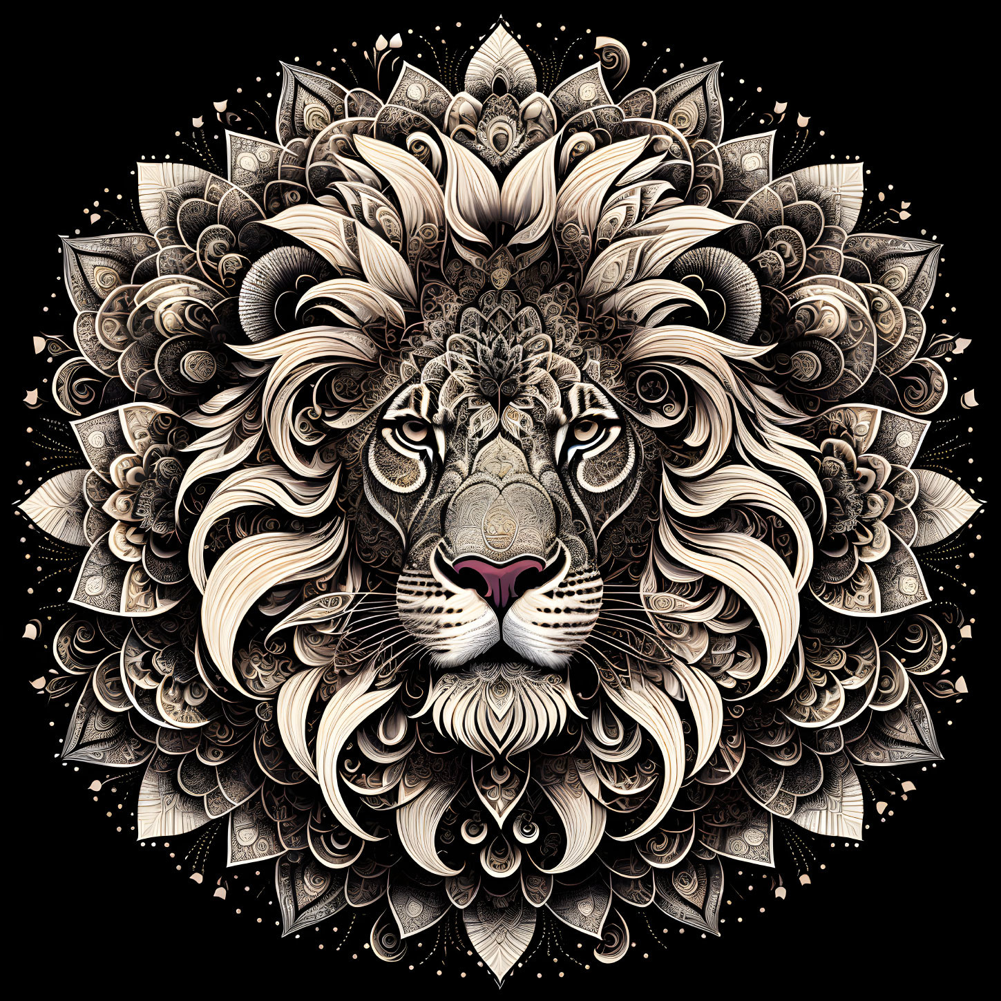 Detailed monochromatic lion illustration with floral and mandala patterns on black.