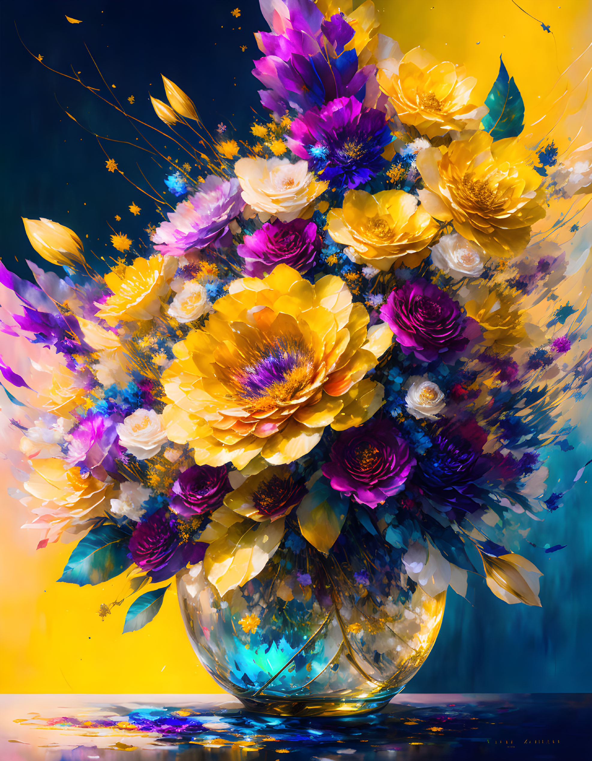 Colorful stylized flower bouquet in purple, yellow, and white against dark blue backdrop