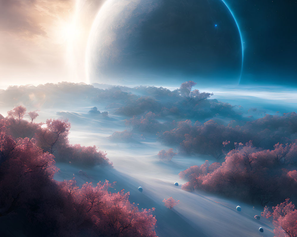 Surreal landscape with cherry blossom trees, mist, and massive rising planet