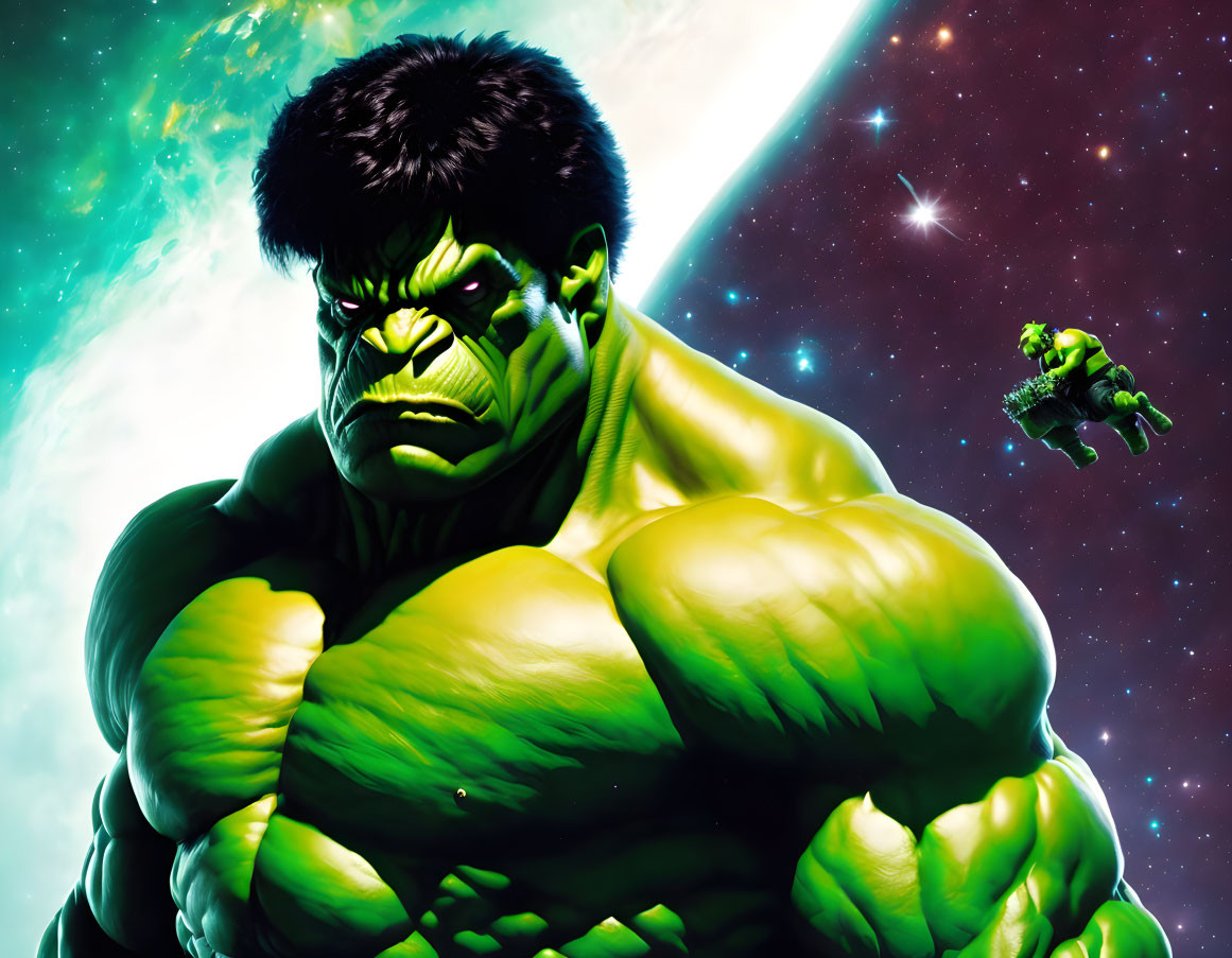 Muscular green superhero in cosmic scene with stars.