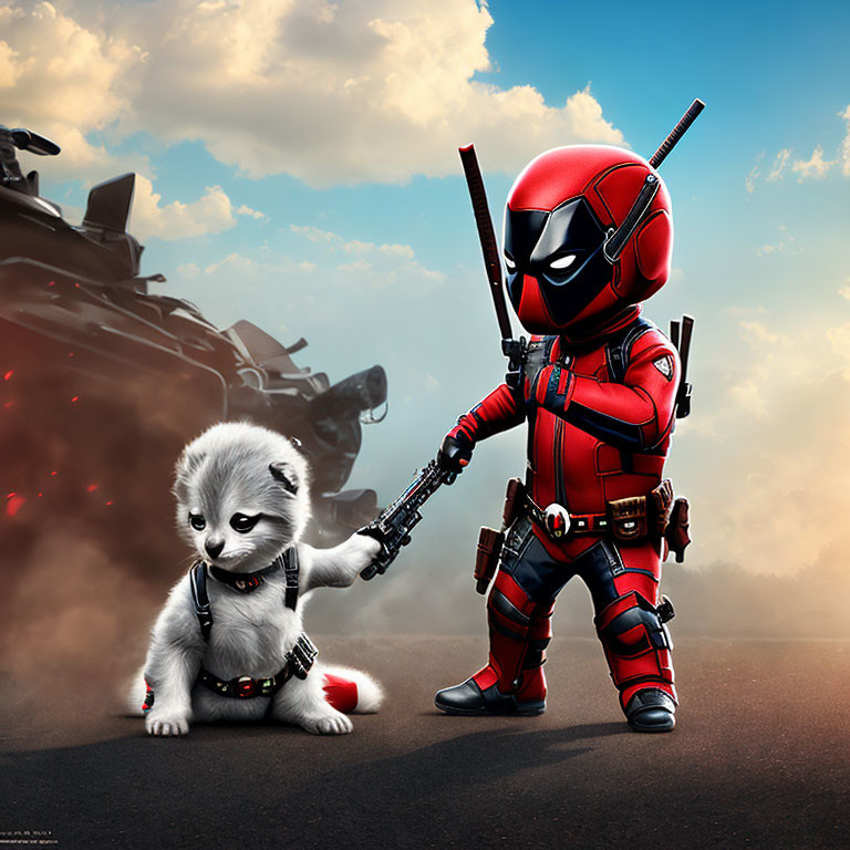 Costumed character with toy gun and fluffy dog under dramatic sky