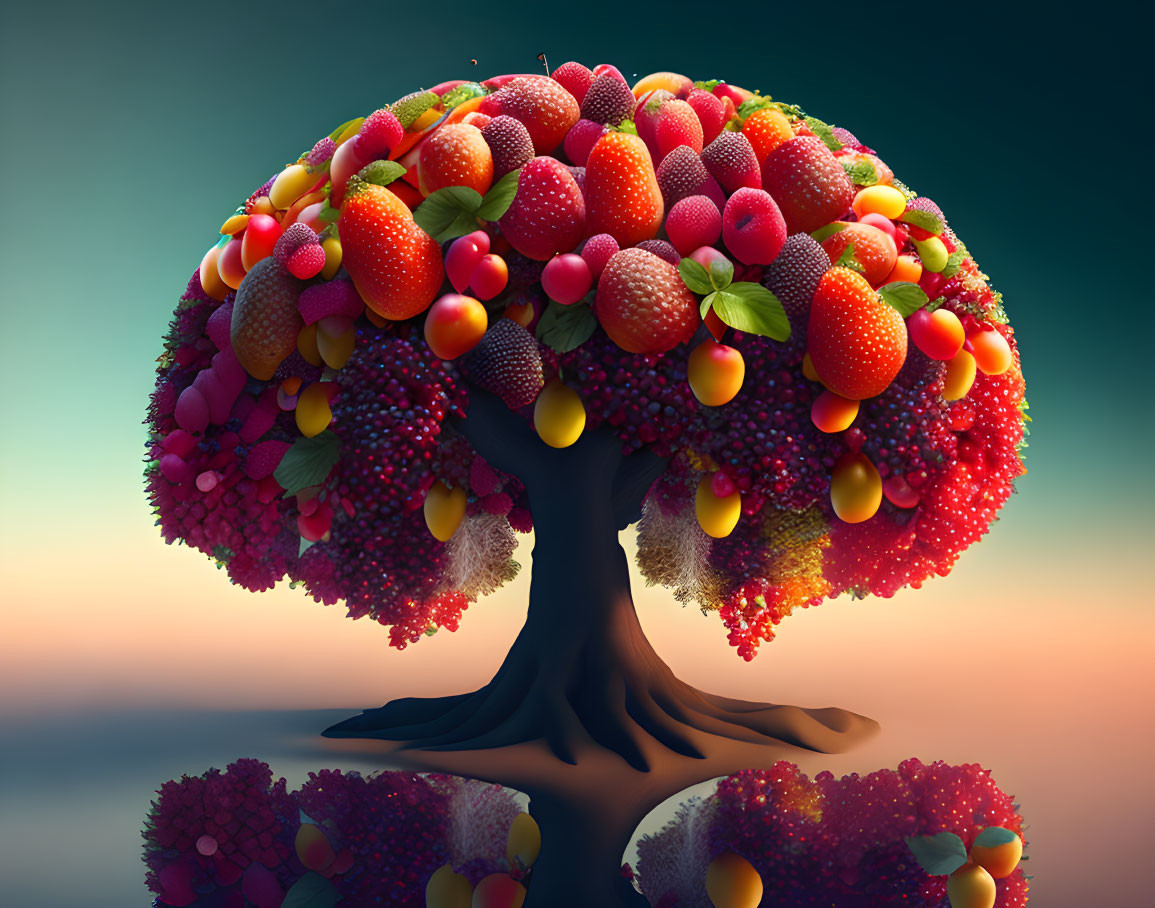 Colorful Fruit and Berry Tree Reflecting on Glossy Surface