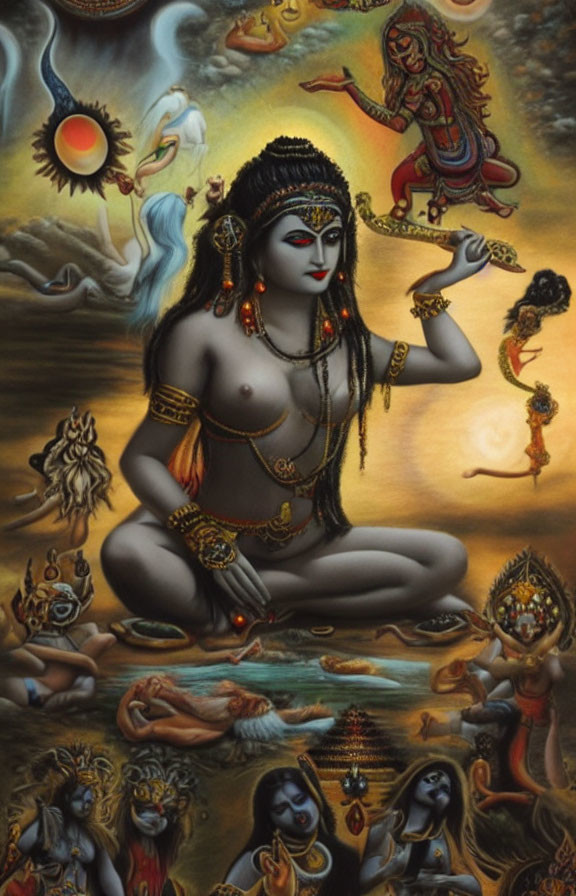 Vibrant depiction of multi-armed deity in celestial setting