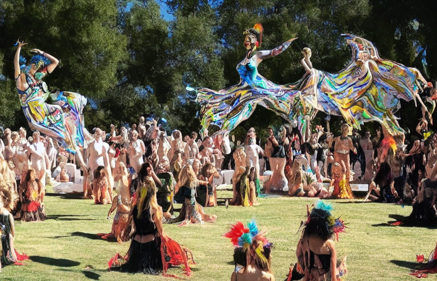 Colorful stilt dancers in flowing costumes amidst earthy-toned crowd on grassy field