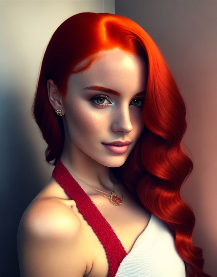 Vibrant red-haired woman with blue eyes in red top and necklace