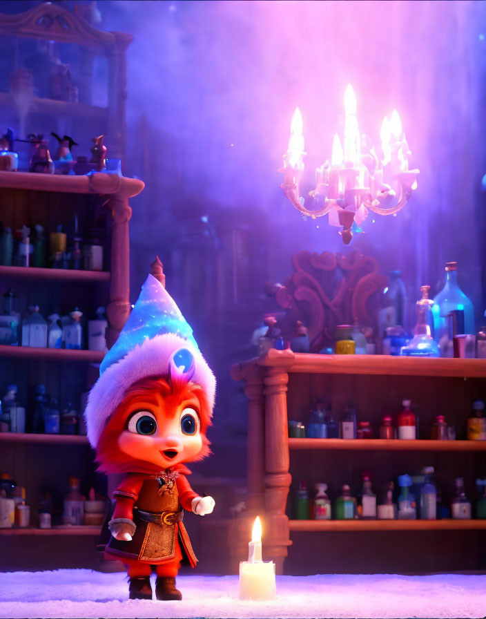 Red-furred animated character in blue hat and cloak in dimly lit room