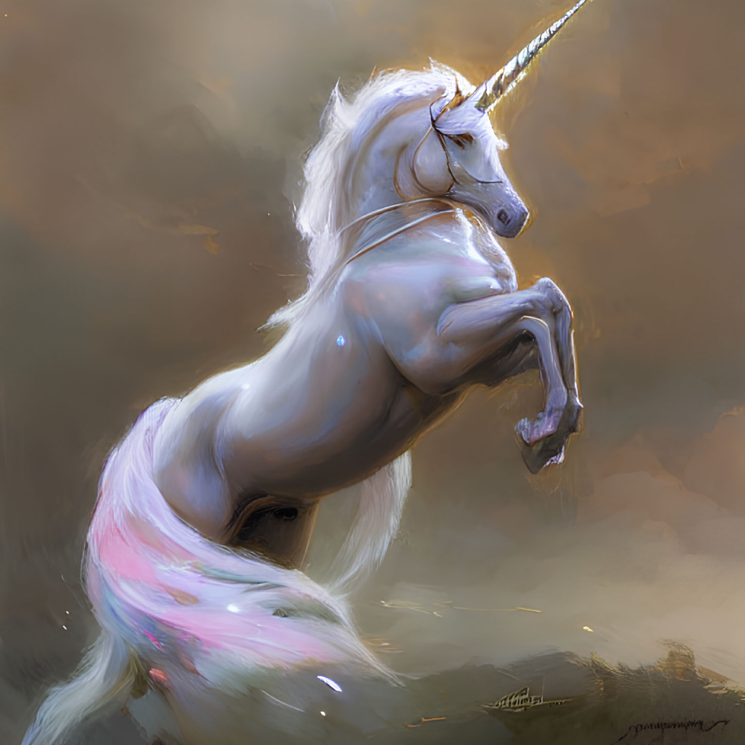 Majestic white unicorn with shimmering horn and pink mane on golden background