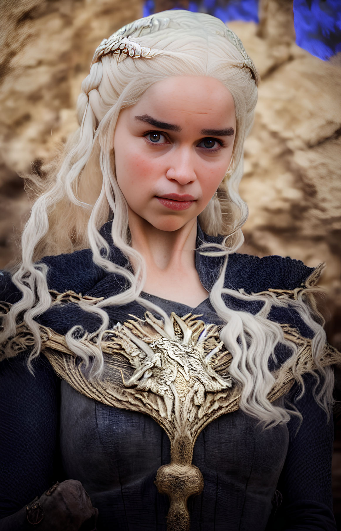 Platinum blonde woman in blue outfit with dragon brooch