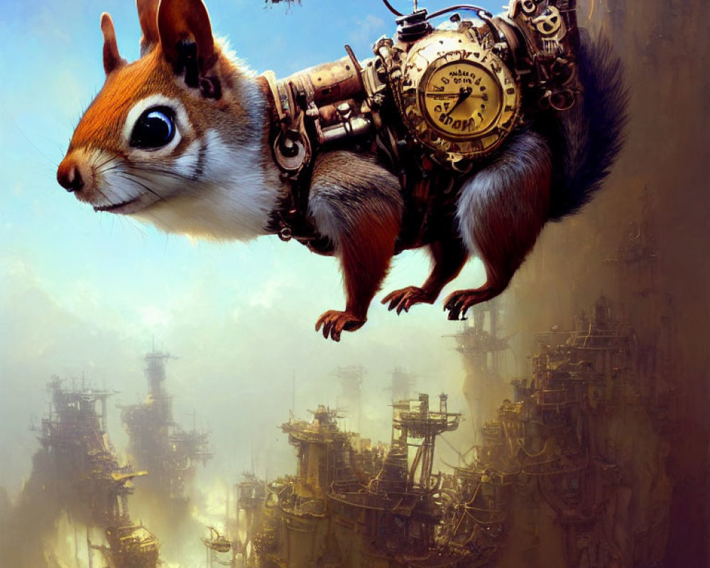 Steampunk squirrel with clockwork gear on back in sky city setting