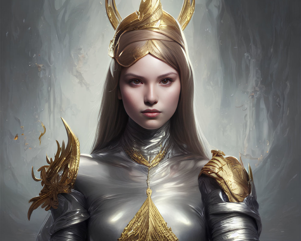 Regal woman in golden and silver armor with crowned helmet exudes nobility.