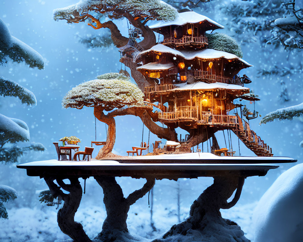 Snowy multi-level treehouse in serene winter landscape