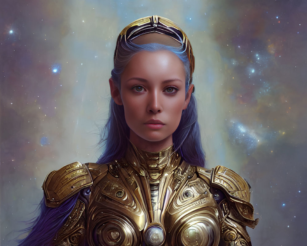 Blue-skinned female character in golden armor on cosmic background