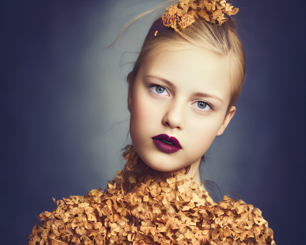 Young girl with blue eyes in high-fashion leaf outfit on blue background