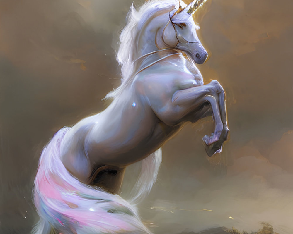 Majestic white unicorn with shimmering horn and pink mane on golden background