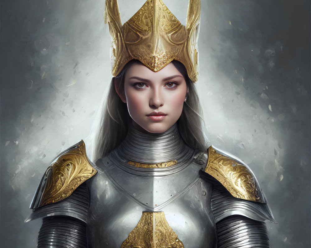 Medieval woman in ornate armor and golden crown, gazing ahead.