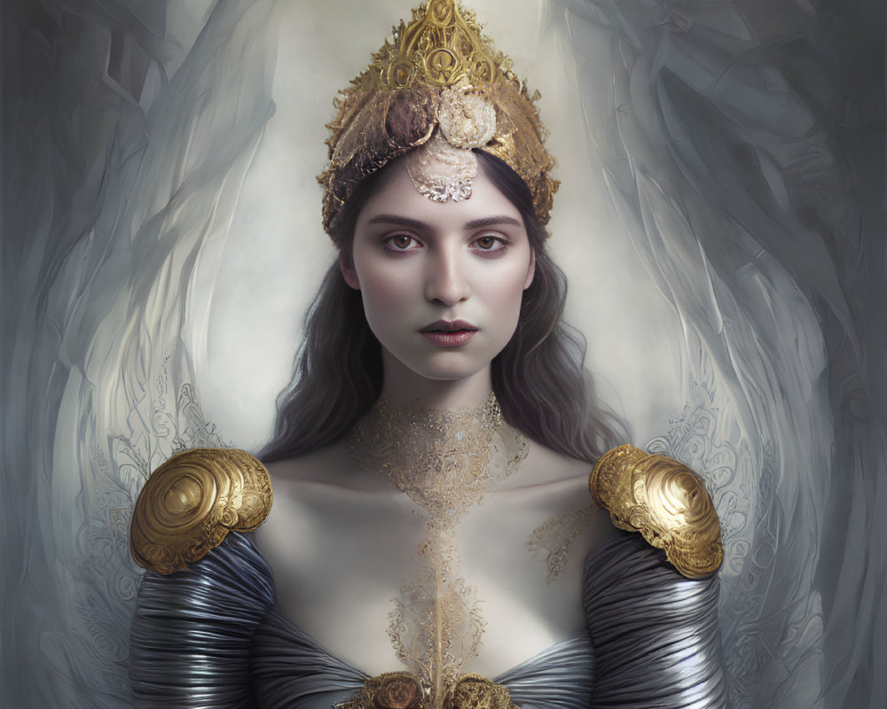 Regal woman in golden crown against misty background